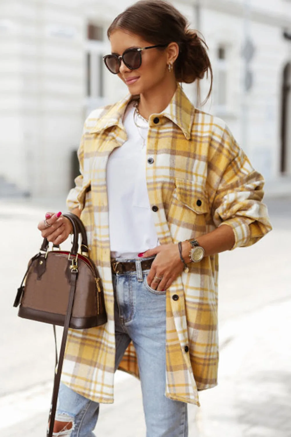 Yellow Plaid Flap Pocket Long Sleeve Shacket