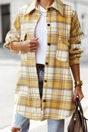 Yellow Plaid Print Flap Pocket Long Sleeve Shacket