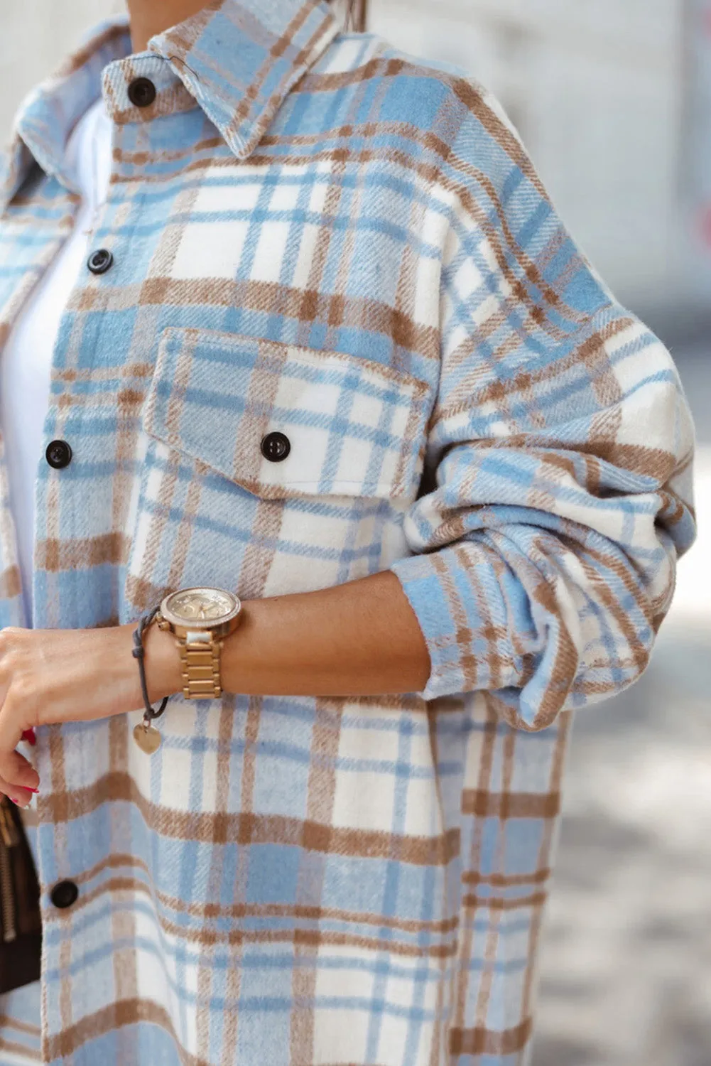 Yellow Plaid Print Flap Pocket Long Sleeve Shacket