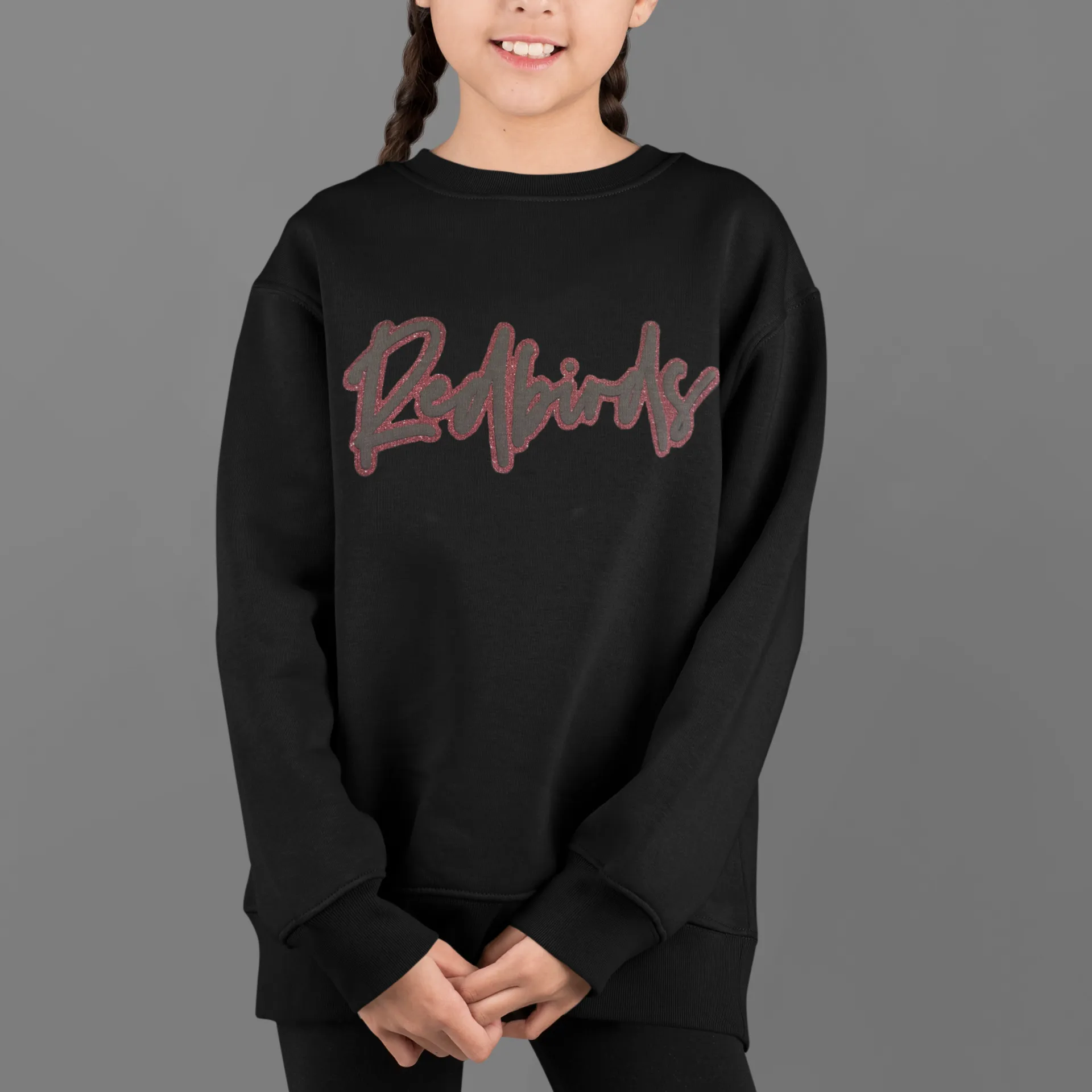 Youth Glitter & Black Embossed Redbirds Crewneck Sweatshirt - 3D Puff Lettering